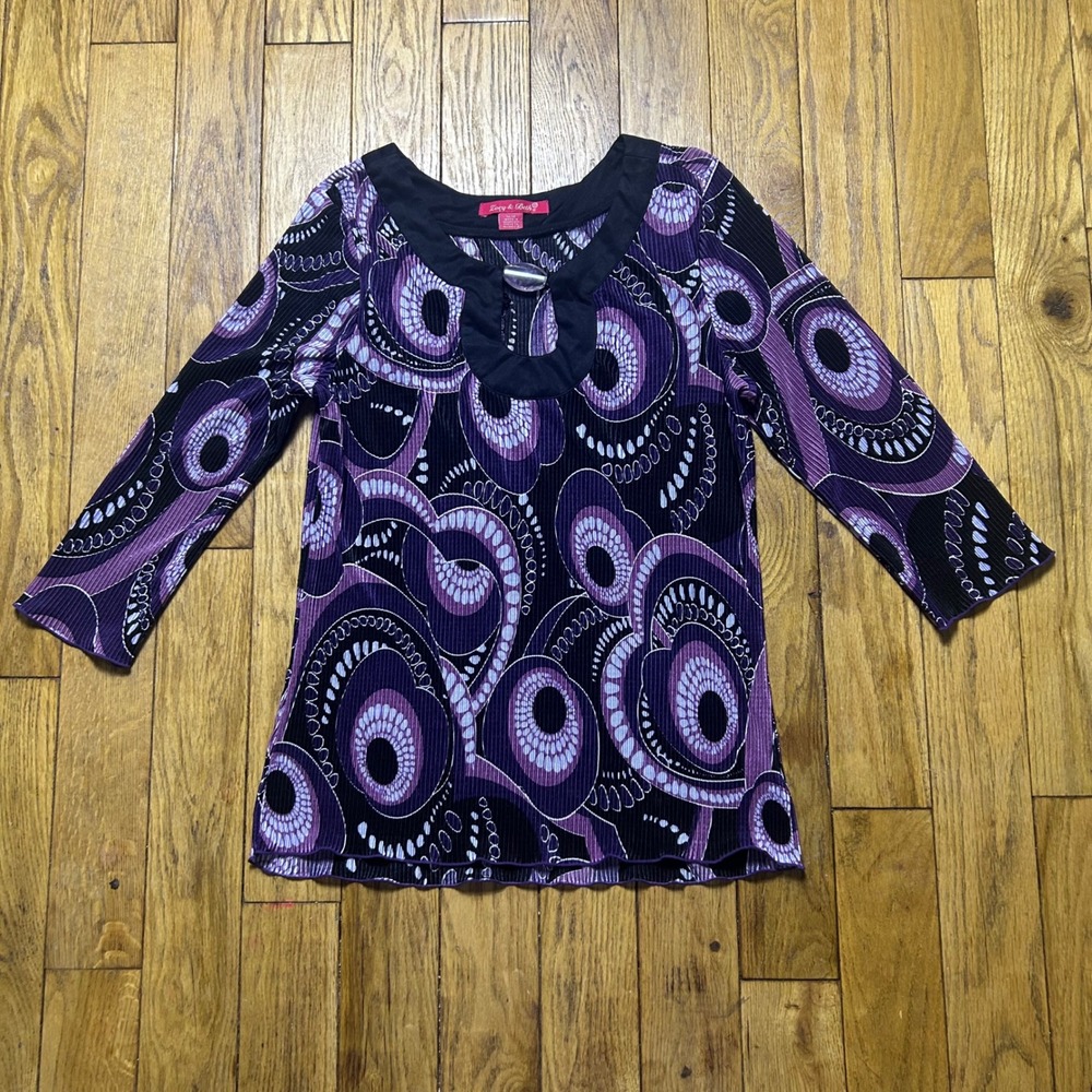 Zoey & Beth Purple Psychedelic Swirl Pleated 3/4 Sleeve Blouse Gemstone Accent M